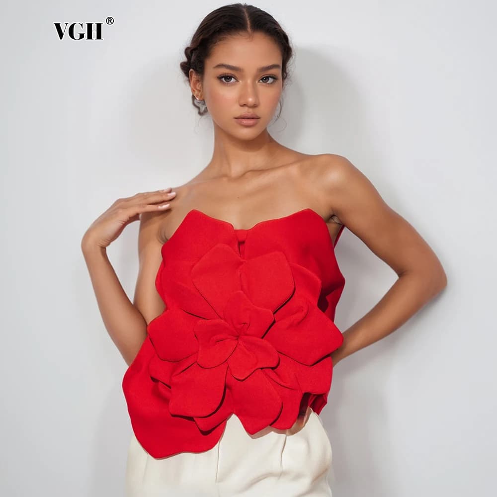 VGH Sexy Solid Elegant Slimming Chic Vest For Women Strapless Sleeveless Backless Spliced Appliques Vests Female New Autumn 2024