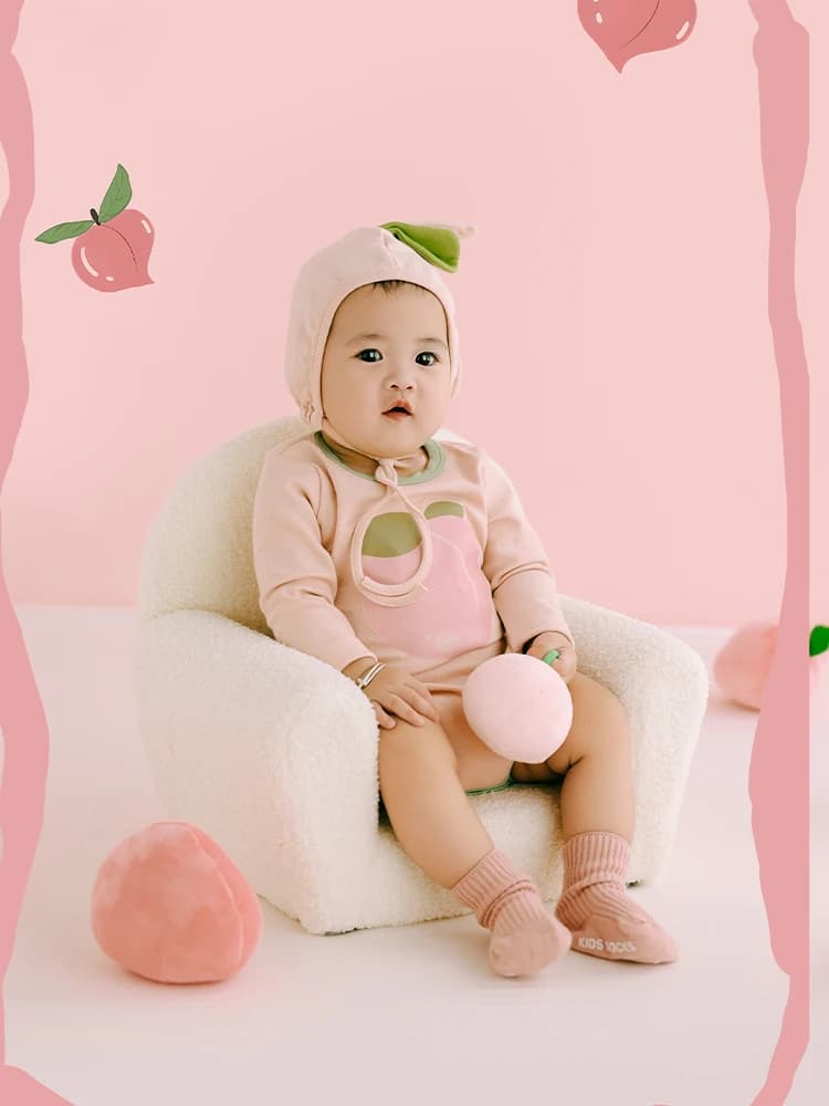 100 Days Baby Printed Jumpsuit Peach Shaped Hat Photography Outfit Stuffed Peach Props Studio Infant Fruit Theme Shooting Props