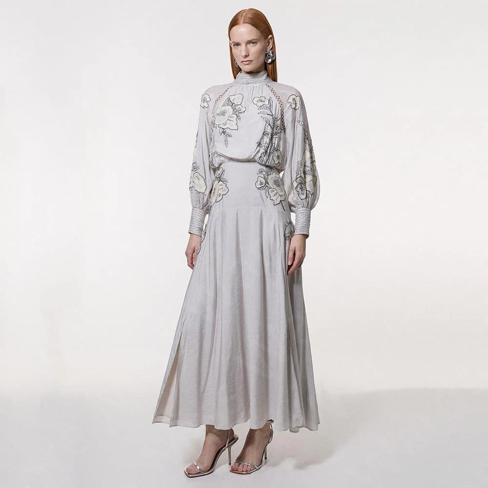 Customized Vintage Silver Prom Dresses Ankle Length Wedding Party Dresses Long Sleeves High Neck Evening Gowns 2025 Side Slit