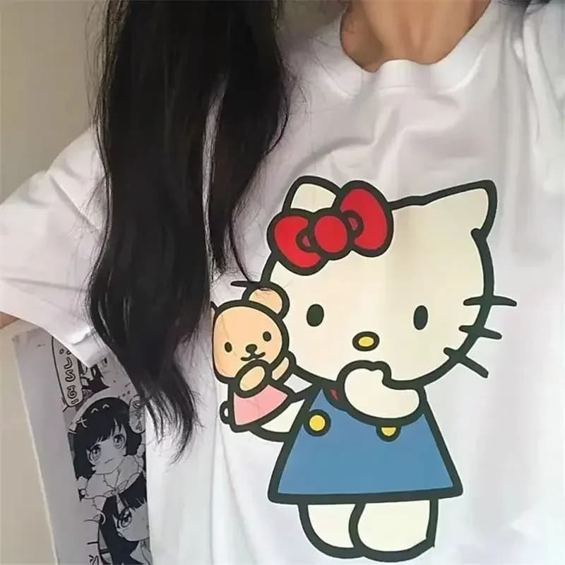 Japanese Hello Kitty Short Sleeve T-shirts Women Summer Korean Style Loose Harajuku Cute Soft Girl Y2K Top Aesthetic Clothes Tee