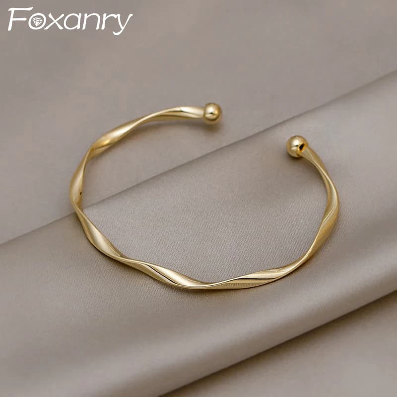 Foxanry Gold Color Minimalist Twist Cuff Bracelet For Women Couples Fashion Creative Elegant Classic Wedding Bride Jewelry Gifts