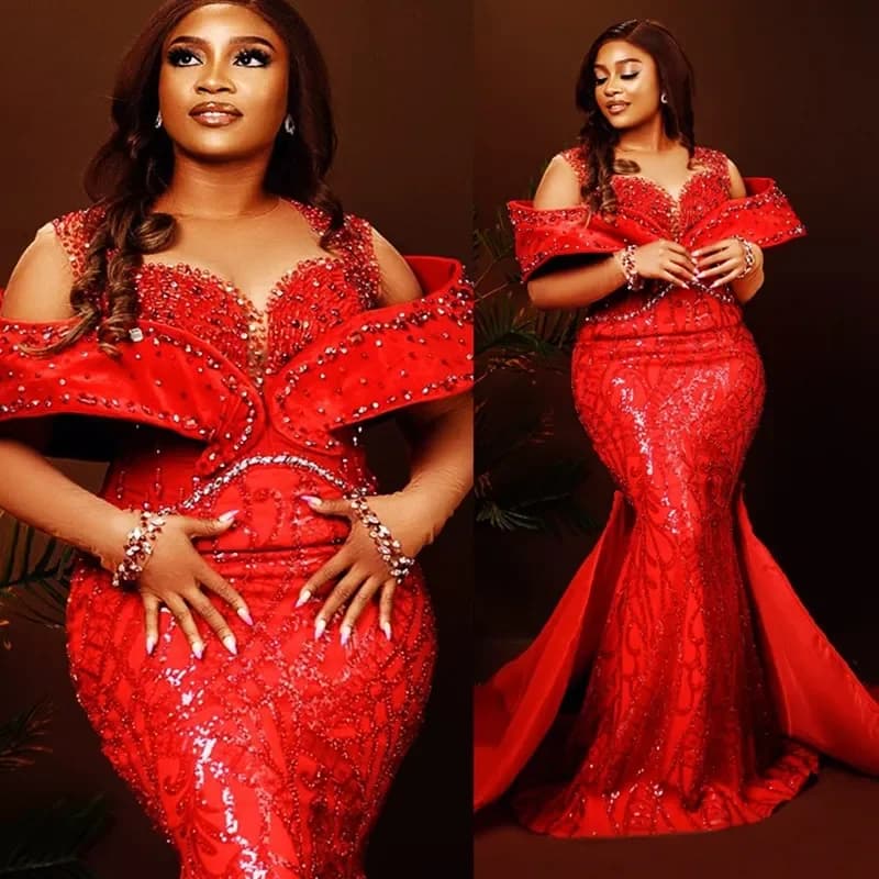 Customized Plus Size Prom Dress With Detachable Train Red Mermaid Evening Dresses For Women Sheer Neck Beaded Lace Formal Dress