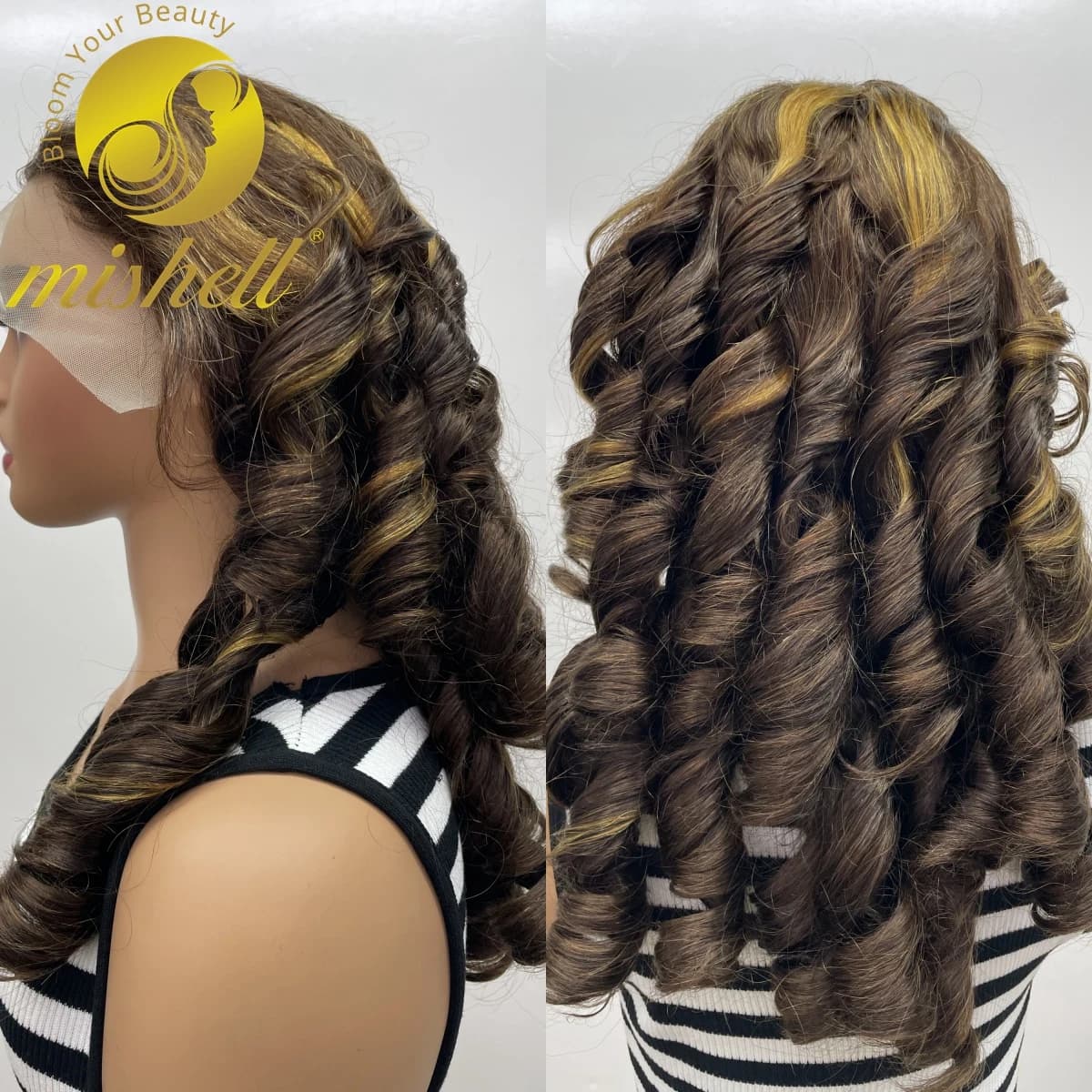 300% Density 4/27 Highlight Brown Egg Roll Wave Human Hair Wigs 24ich 13x4 Lace Front  Wig Bouncy Curly Human Hair Wig for Women