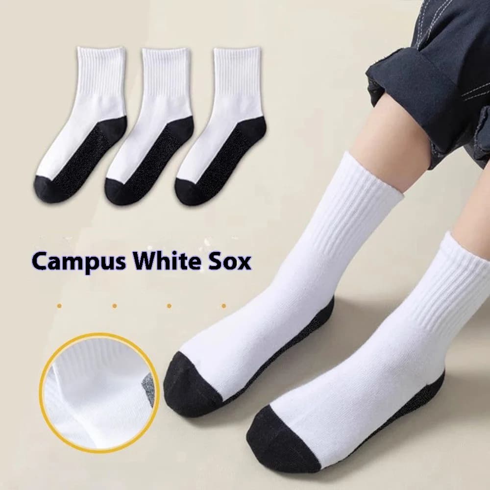 5 pairs of campus student white socks, boys' mid tube socks, mesh socks, breathable, spring and summer sports and leisure socks