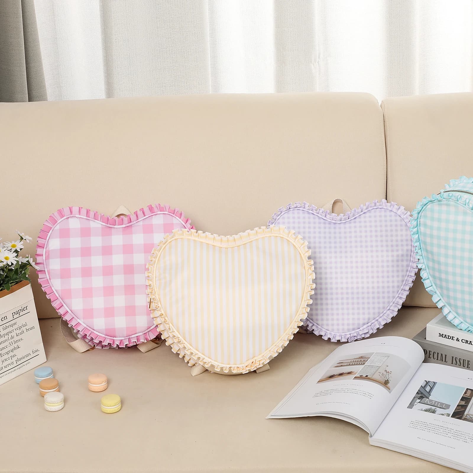 Ruffle Heart Shape Backpack Fashion Stripe Pink Girl Nylon Tote Bags For Women Outdoor Travel Student Book Valentine's Day Gift