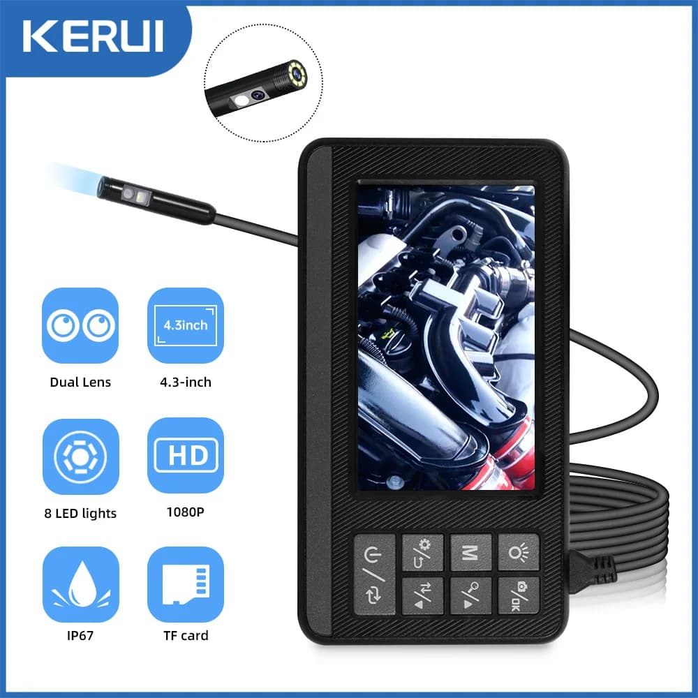 KERUI Industrial Endoscope Camera 1080P 4.3 " Dual Lens HD1080P Car Inspection Borescope IP67 Waterproof Sewer Camera