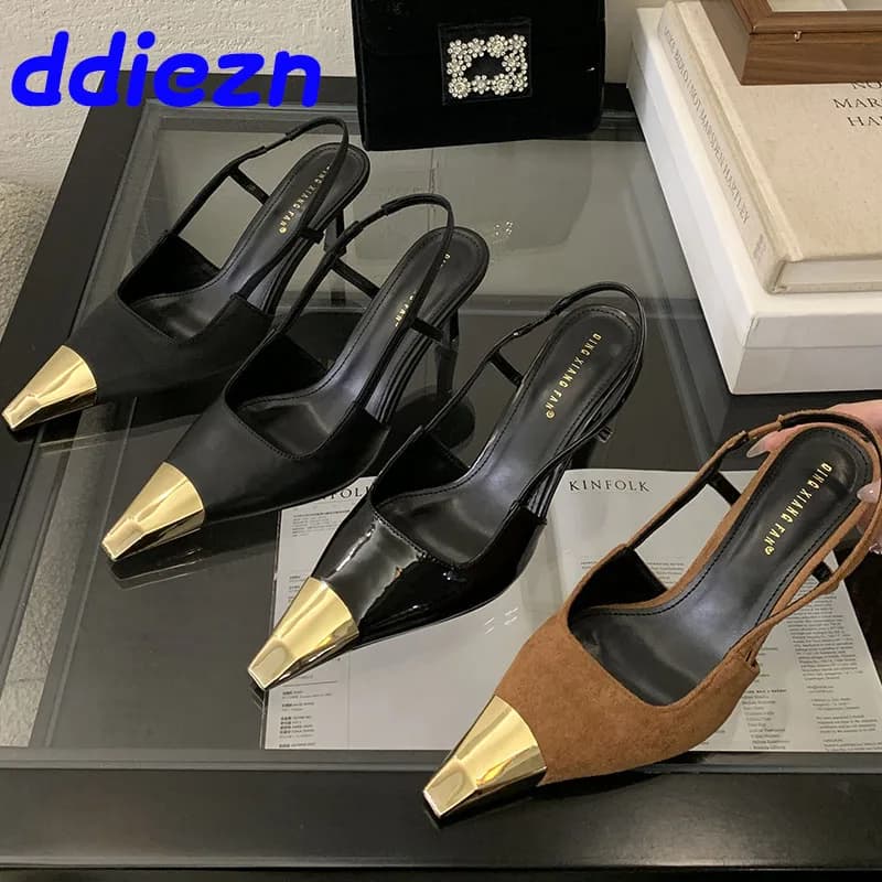 Fashion Metal Pointed Toe Pumps Ladies High Heels Shoes Female Shallow Slingbacks Footwear Elegant Women Heeled Shoes Sandals