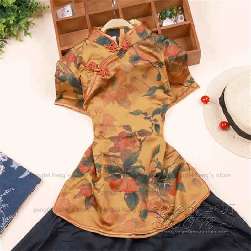 Satin Qipao Top Lady Elegant Blouse Flower Print Cheongsam Shirt Tradition Chinese Style Tang Clothes Summer Autumn New Costume