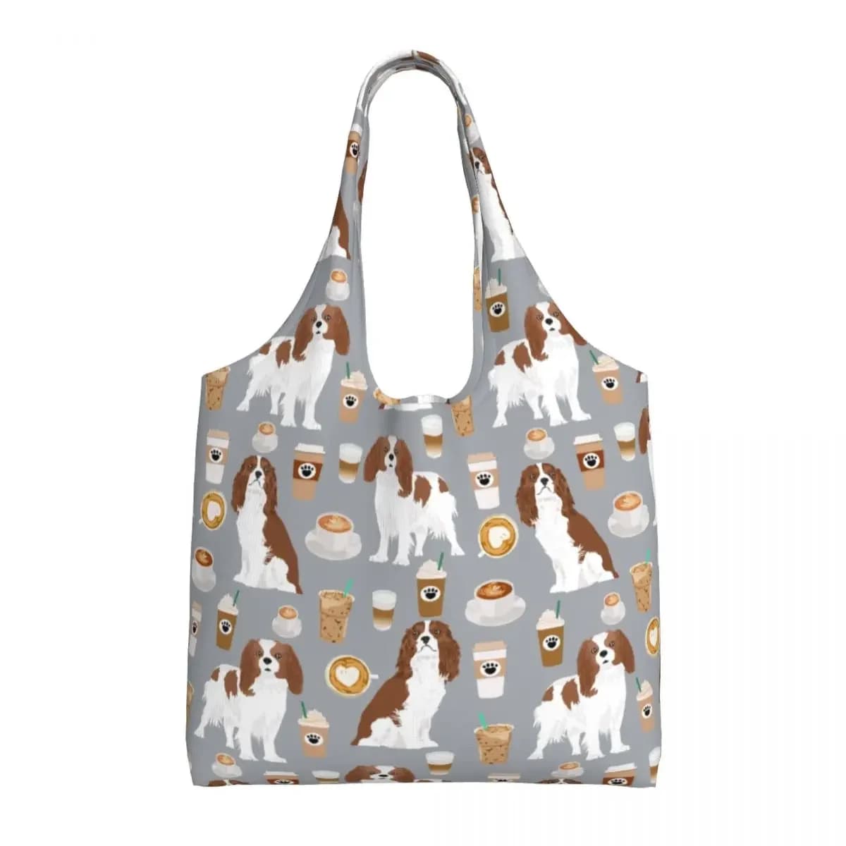 Custom Cavalier King Charles Spaniel Pet Portrait Dog Shopping Tote Bag Reusable Canvas Groceries Shoulder Shopper Bags Handbag