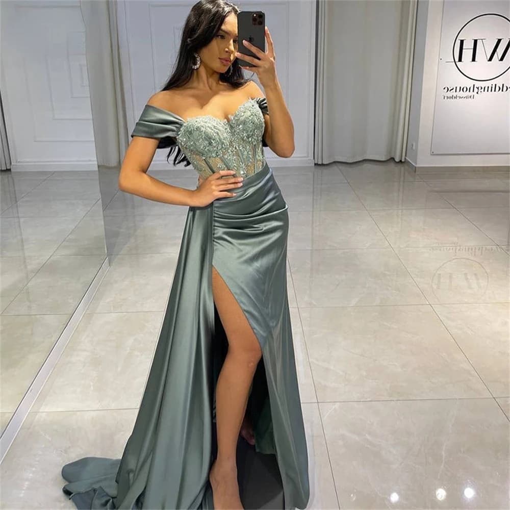 Customized Beaded Lace Formal Evening With Side Slit Sexy Illusion Top Bodice Floor Length Applique Draped Celebrity Prom Dress