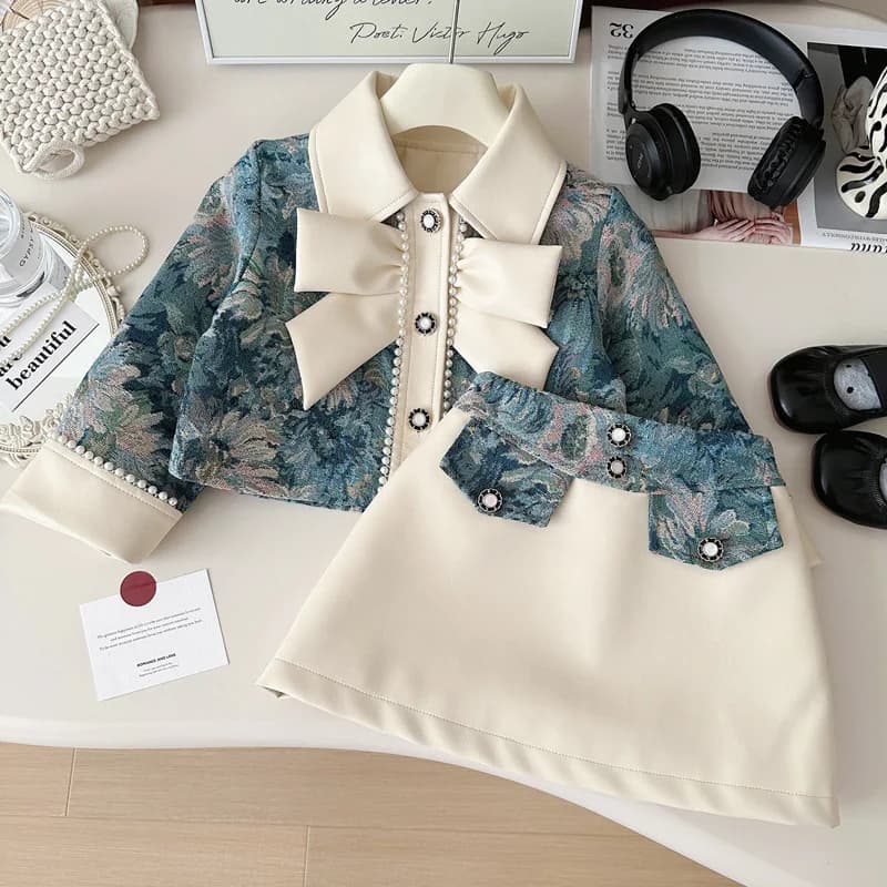 Girls' Spring and Autumn Suit Skirt2024New Western Style FashionPULeather Stitching Coat Skirt Two-Piece Set