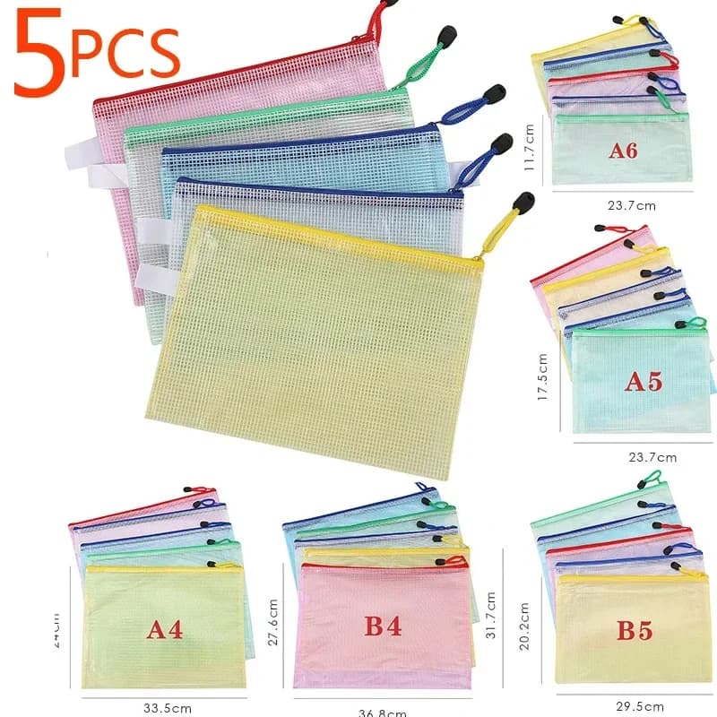 5PCS  A4 A5 A6 Zip File Folders Stationery Storage Folder File Mesh Zipper Pouch Document Bag School Office Supplie
