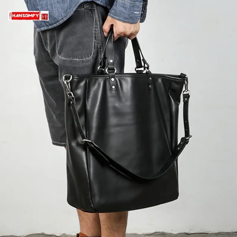 Soft Black Leather Men's Handbags Vertical Briefcase Laptop Bag Single Shoulder Crossbody Bag Fashion Large Capacity Tote Bags