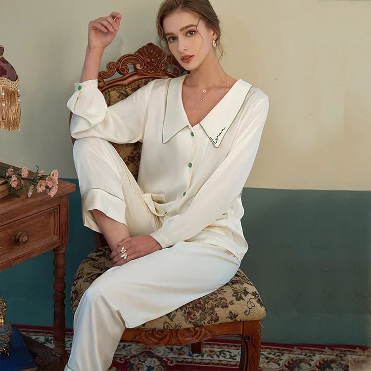 Women Pajamas With Buttons Sexy Satin 2PCS Sleep Set Summer Lapel Shirt&Pants Suit Long Sleeve Sleepwear Elastic Waist Lingerie