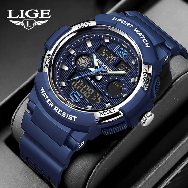 LIGE Man Watch Fashion Dual Display Digital Military Sport Quartz Watches Waterproof Blue Dial Calendar Chronograph Mens Watches