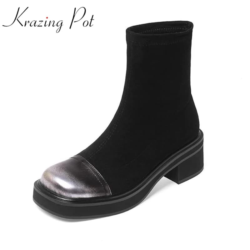 Krazing Pot Cow Leather Round Toe Thick High Heels Winter Warm Elastic Boots Mixed Color Fashion Gradient Color Ins Ankle Boots