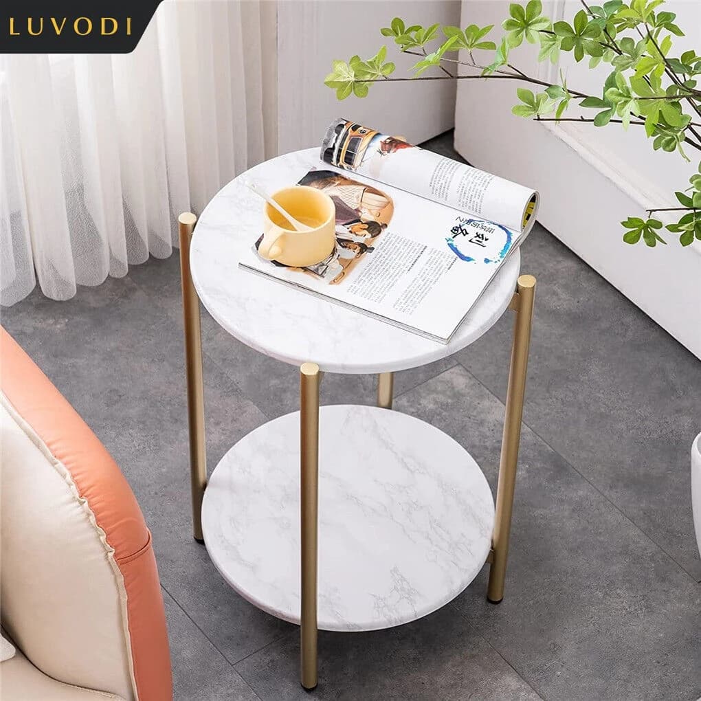 LUVODI 2-Tier Round Coffee End Tables Sofa Side Table Plant Stand with Storage Shelf Metal Frame for Living Room Bedroom