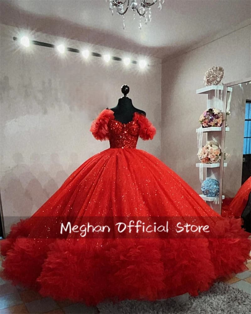 Mexico Red Off Shoulder Quinceanera Dresses Ball Gown Bead Applique 2025 Birthday Luxury Dress Ruffle Graduation Gown Customized