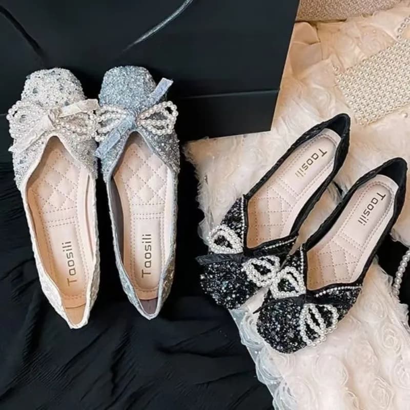 Rhinestone Beading Bowknot Flat Shoes Woman Square Head Bling Crystal Wedding Shoes Female Ballet Flats Moccasins Big Size 43