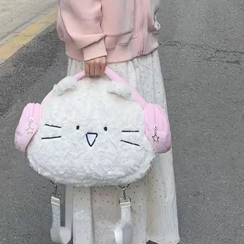 Xiuya Kawaii Cute Backpack for Women White Pink Cat Head Shape Fashion Crossbody Bag New Soft Plush Sweet Large Capacity Handbag