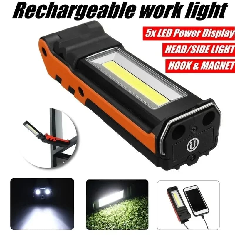 COB LED Work Light Dimmable USB Rechargeable LED Flashlight Inspection Lamp With Magnetic Hook Power Bank 18650 Battery Torch