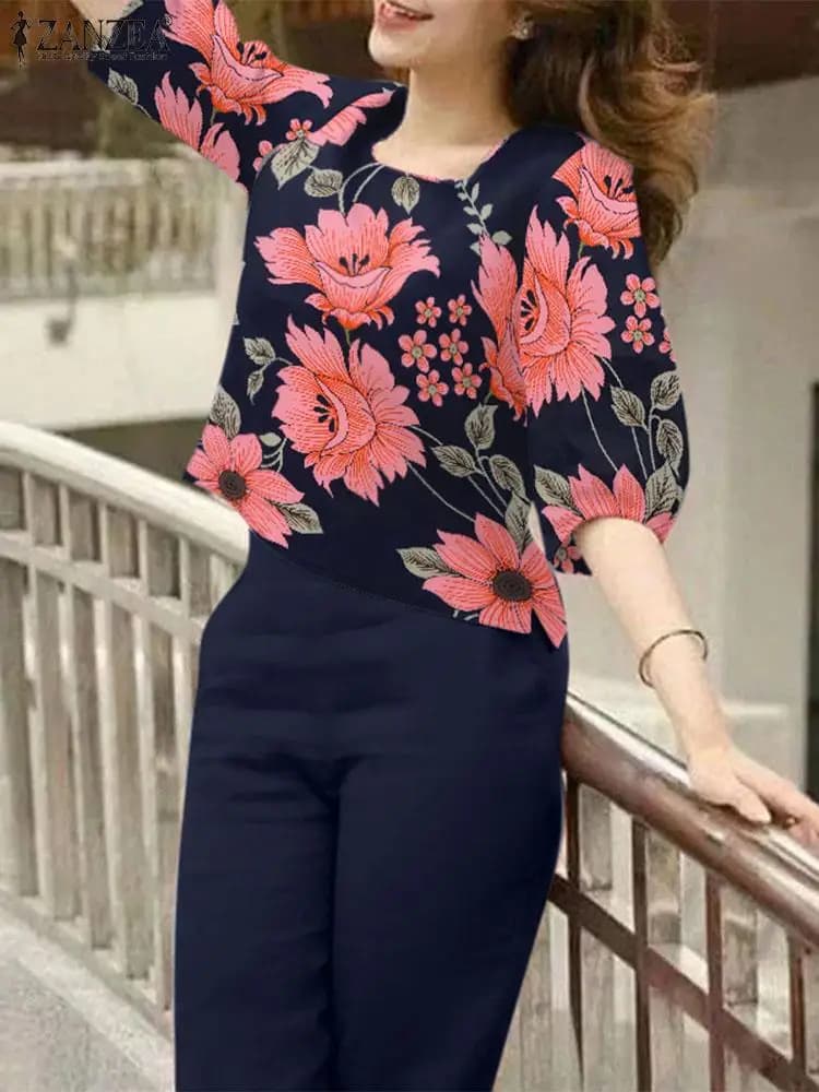 ZANZEA Bohemian Pant Sets 2PCS Women Outfits Summer Floral Tracksuits Square Collar Blouse Casual OL Work Trousers Suit 2024