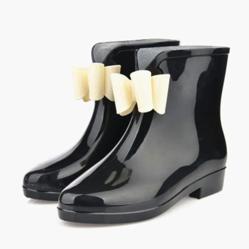 Women's Rain Shoes Short-tube Spring and Autumn Rain Boots Knot-bow Low-top Boots White-collar Waterproof Shoes Rubber Overshoes