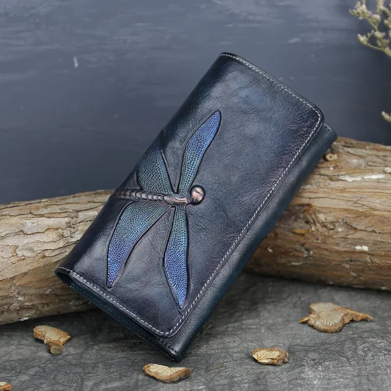 Natural Skin Money Long Wallets Multi-Cards Cash Holder Dragonfly Pattern  High Quality Genuine Leather Women Clutch Purse