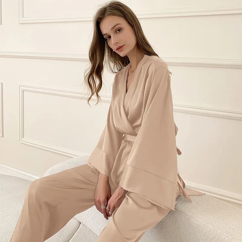 French Style V-Neck Trouser Suits Long Sleeve Sexy Female 2PCS Pajamas Set Sleepwear Cardigan Spring Autumn Loose Satin Homewear