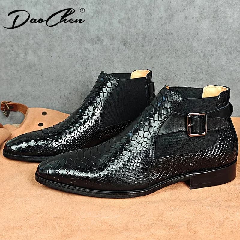 Winter Luxury Men Ankle Boots Shoes Black Brown Snake Printed Slip On Chelsea Buckle Strap Genuine Leather Dress Men Boots