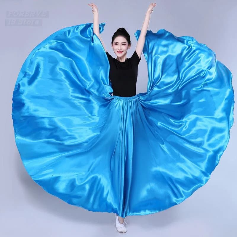 Gypsy Long Skirts Women Yi and Uyghur Tibetan Dance Performance Costumes Dancer Solid Color Purple Gold Dance Satin Skirt