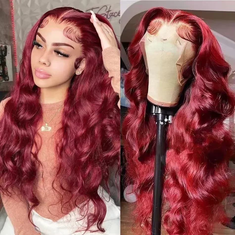 200 Density 99J Burgundy Lace Front Human Wig 34 36 Inches Body Wave 13x4 13x6 HD Lace Frontal Wigs Red Colored Wigs Brazilian