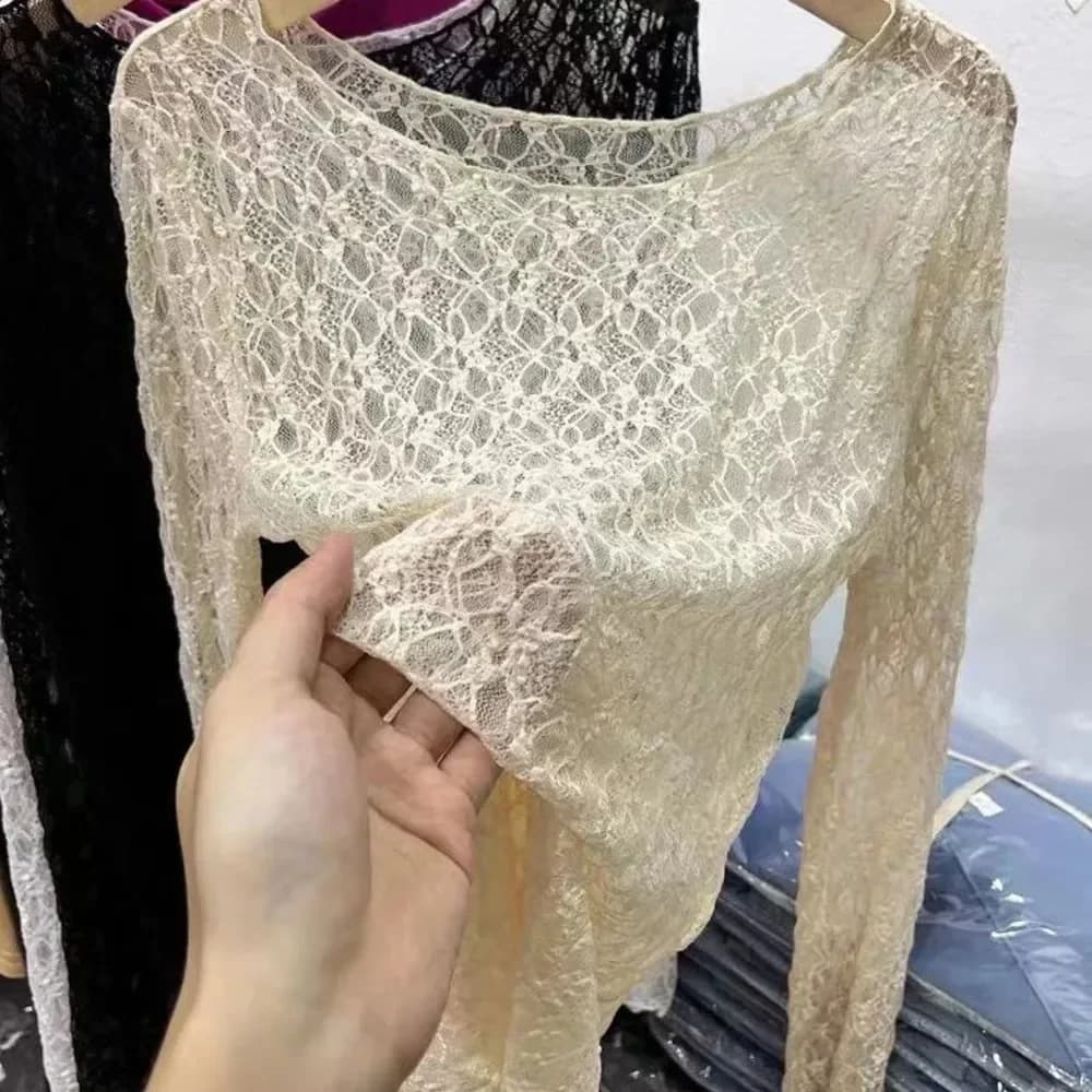 Women Lace Floral T-shirts Crop Tops Long Sleeve Slim Mesh Sheer See Through Tees Shirts Summer Party Streetwear 2025