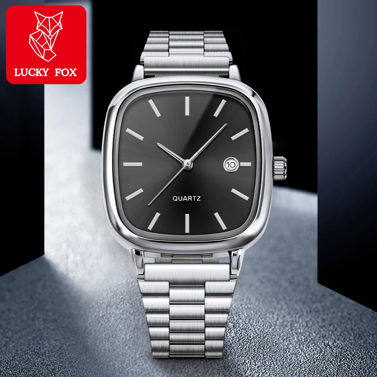 LUCKY FOX Modern minimalist square watch Business mens metal watch stainless steel chain multi-scene commuter watch