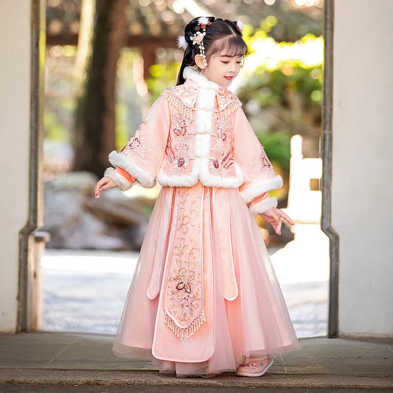 Retro Winter New Warm Embroiderd Girl's Hanfu Chinese Tradition Wedding Flower Girl Dress Lovely Kids 2024 New Year Clothes