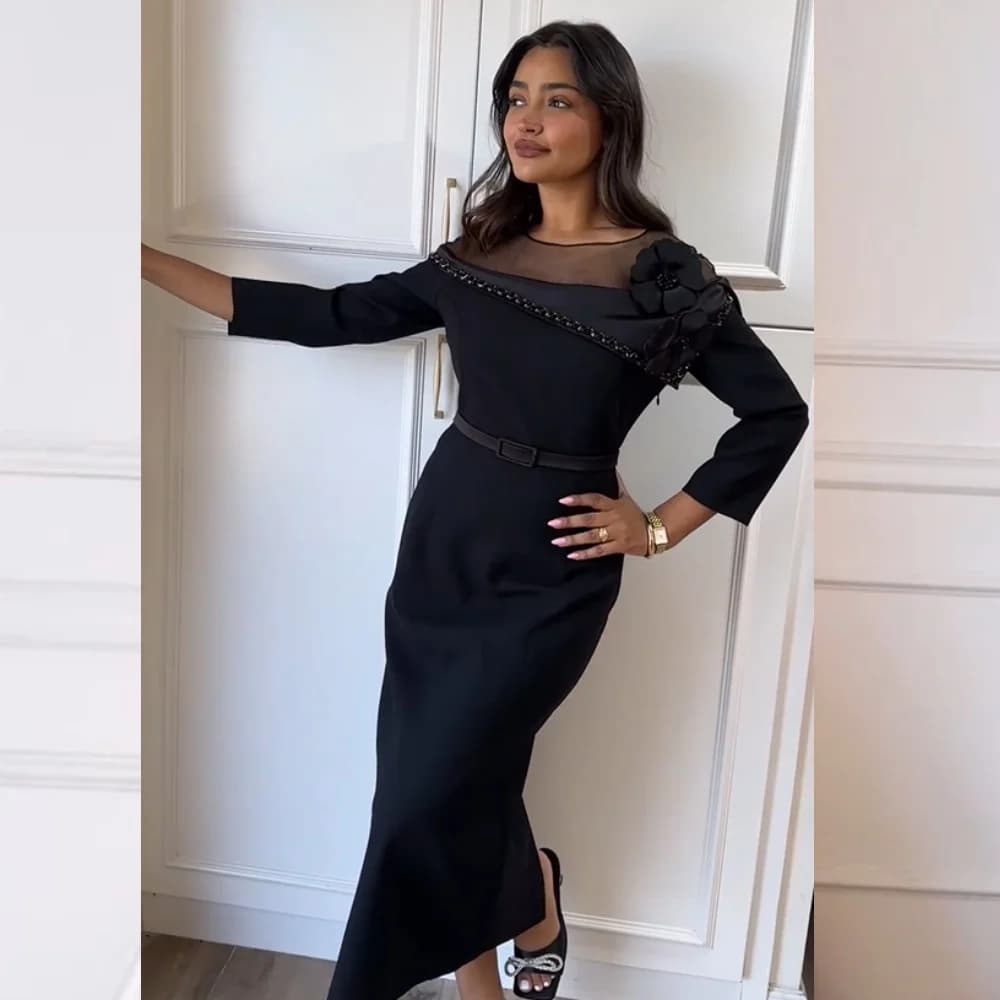 Customized Formal Jersey Flower Sash Beading Straight O-Neck Midi Dresses Prom Dresses Modern Style Exquisite High Quality Sizes