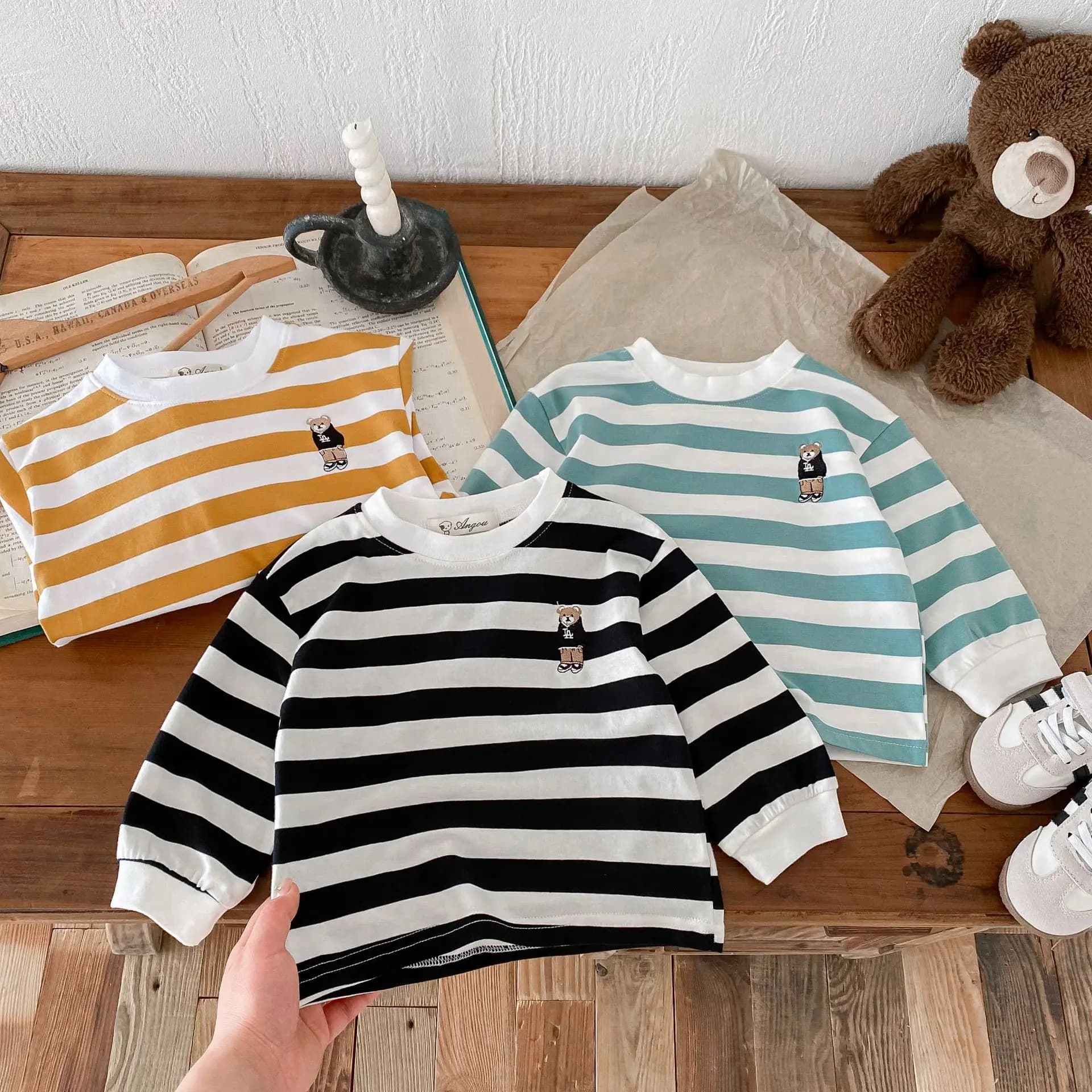 2025 Spring New Children Long Sleeve T Shirt Toddler Bear Embroidery Tops Baby Versatile Striped Sweatshirt Kids Casual Pullover
