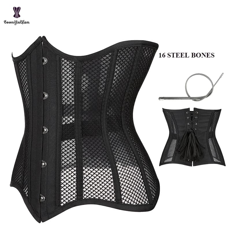 Front 5 Busk Closure Korsett Height 30CM 11.81" Hollow Out Cupless Bustier Hourglass Mesh Corset Top Woman 16 Robs Body Shaper