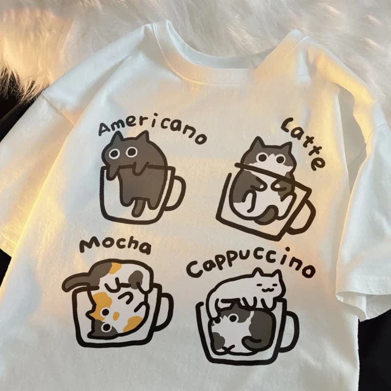 Harajuku Cat Coffee Pure Trendy Loose Short Sleeved T-shirt Men Women Original Mocha Latte Cat Three Flowers Fun Cat Tees