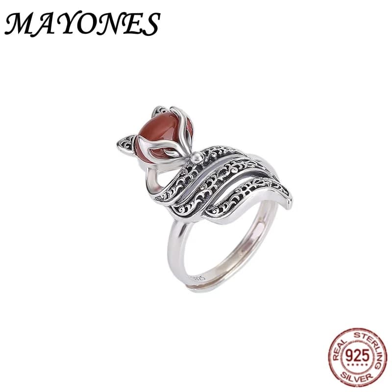 S925 Pure Silver Natural Southern Red Lapis Lazuli Retro Fox Ring Women's Fashion Festival Gift 2024