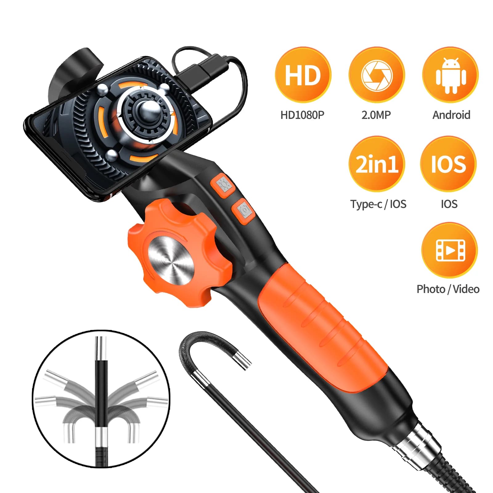 Two-Way Borescope Inspection Camera 8.5mm1080P  Articulated Snake Camera with 8 LED for Automotive Mechanics Support IOS Android