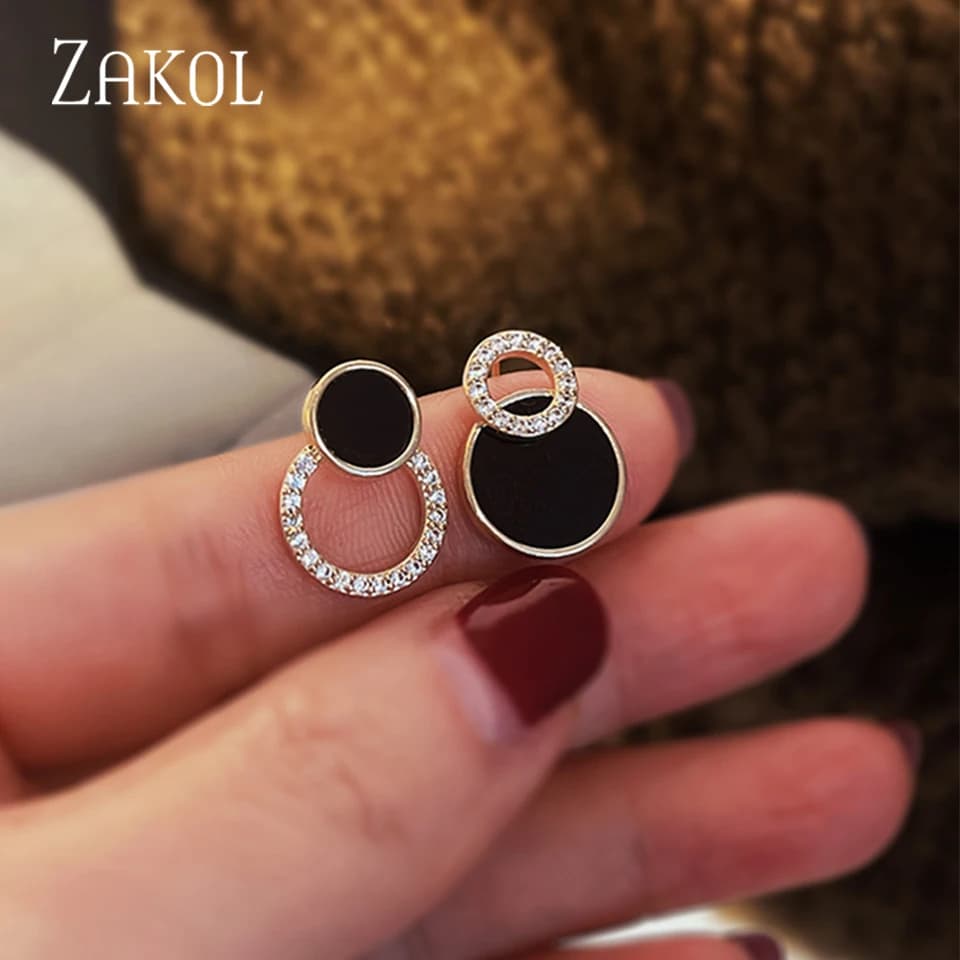 ZAKOL Fashion Asymmetrical Round Hollow Black Stud Earrings Simple Rhinestone Daily Accessories for Women