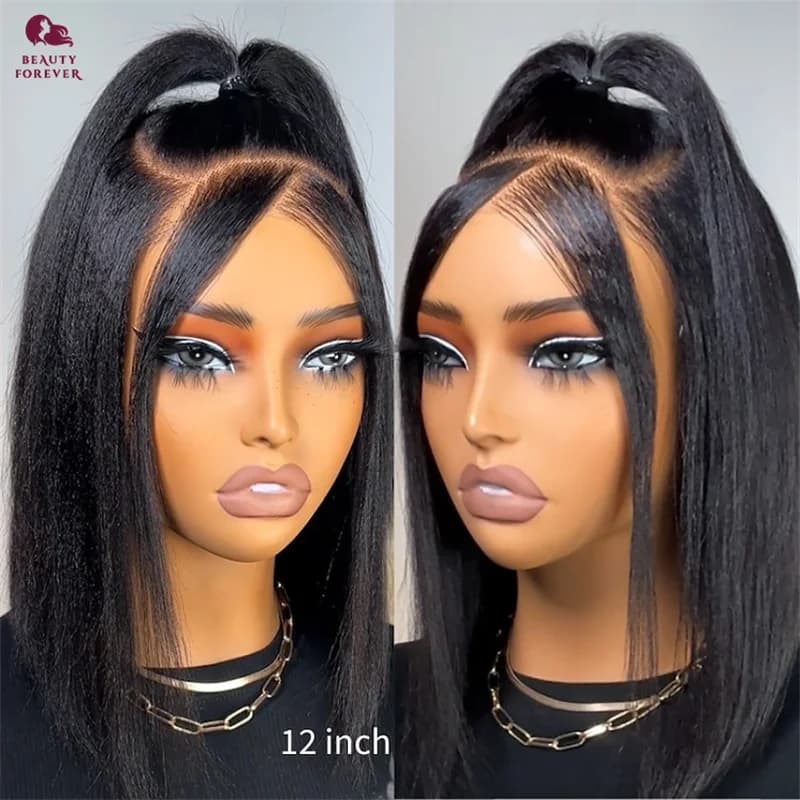 Beautyforever 13X4 Pre Bleached Tiny Knots Yaki Straight Bob Glueless Wig Human Hair Wear and Go HD Lace Front Human Hair Wig