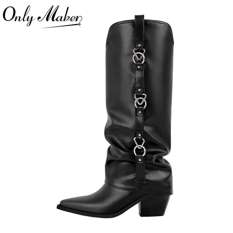 Onlymaker Women Black Matte Pointed Toe Fold Over Knee High Buckle Fashion  Western Boots
