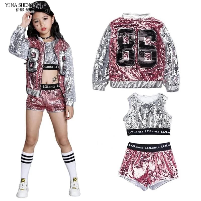 Jazz Dance Costume Pink Sequins Shining Street Dance Jacket Children's Costume Children's Day Stage Performance Costume Girl