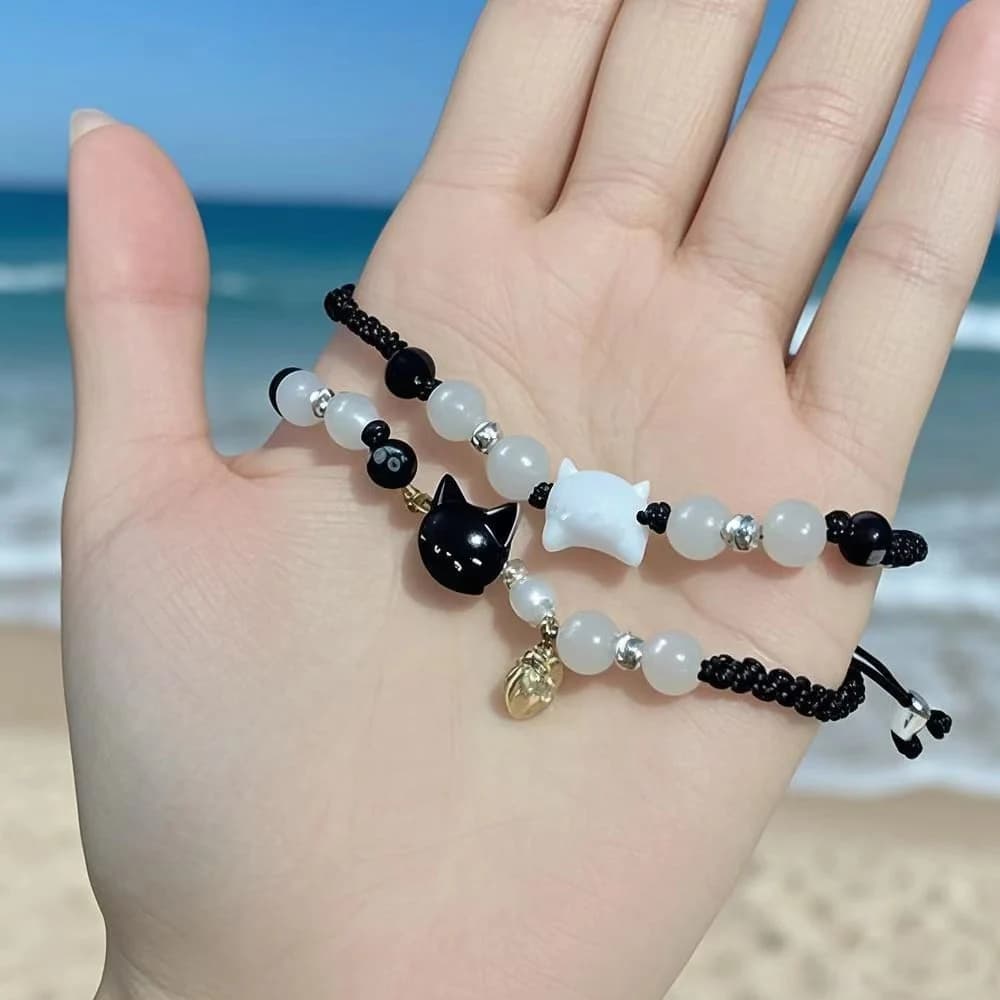 2pcs Natural Moonstone Obsidian Bracelets Couple Minimalist Bracelet Handmade Cute Black White Cat Bracelet Party Jewelry Gifts