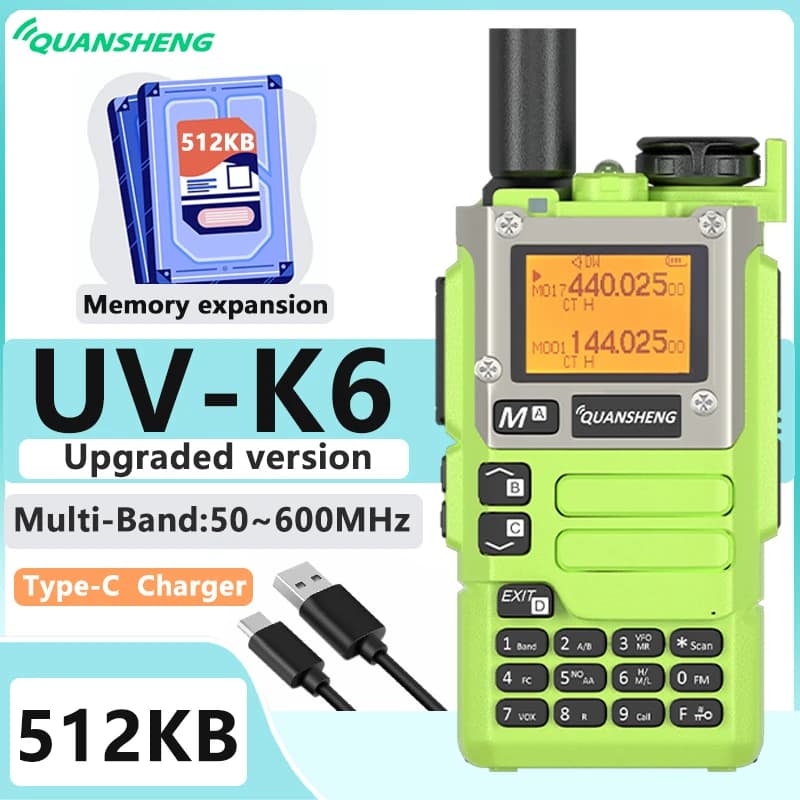 Upgraded UV-K6 Quansheng Walkie Talkie 512KB Memory Expansion Full Band AM FM Type-C Scrambler NOAA Wireless Frequency Ham Radio