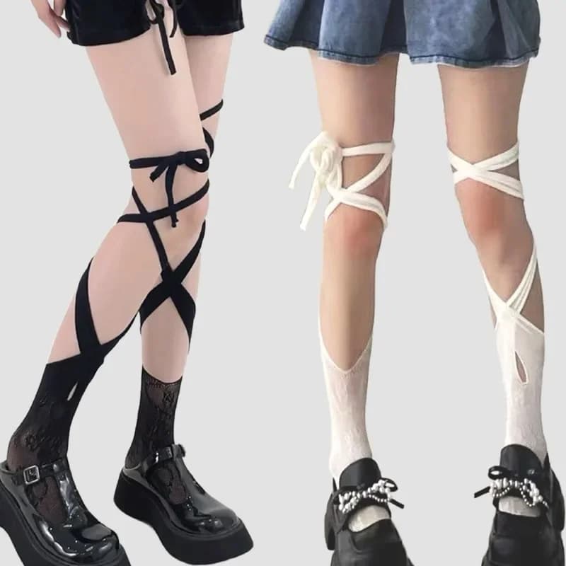 Split-toe Calf Socks Irregular Tie Lace Up High Mesh Tights Middle Tube Women Jk Sexy Fishnet Cross Bow Long Strap Stockings