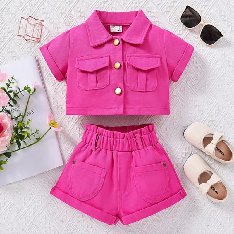 Girls Summer New Solid Short Sleeved Shorts with Polo Collar and Cowboy Two Piece Set Sweet and Cute Fashion Set