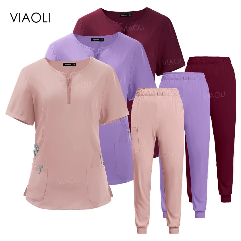 Women Scrub Set Zip-Neck Short Sleeve Scrub Top Pants Sets Nurse Uniforms Medical Nurses Accessories for Hospital Doctor Uniform